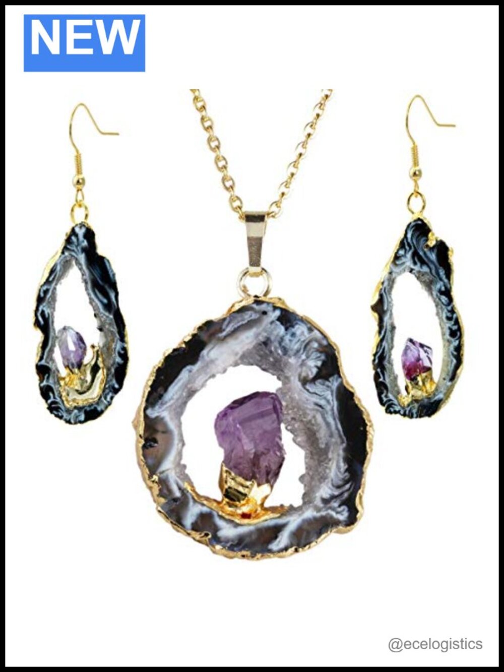 Natural Agate Quartz Geode Druzy Jewelry Set Handmade Stone Necklace